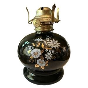 Lamplight Farms Black Glass Oil Lamp • Painted Floral • Vintage 7”